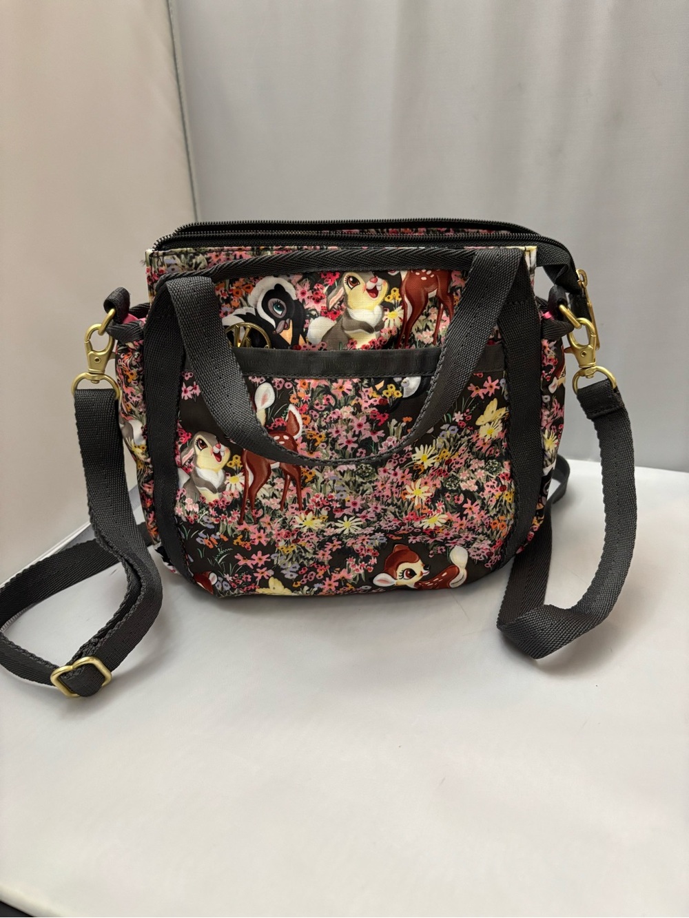 LesportsacxDisney Black Crossbody Bag with Pink Floral and Deer Print